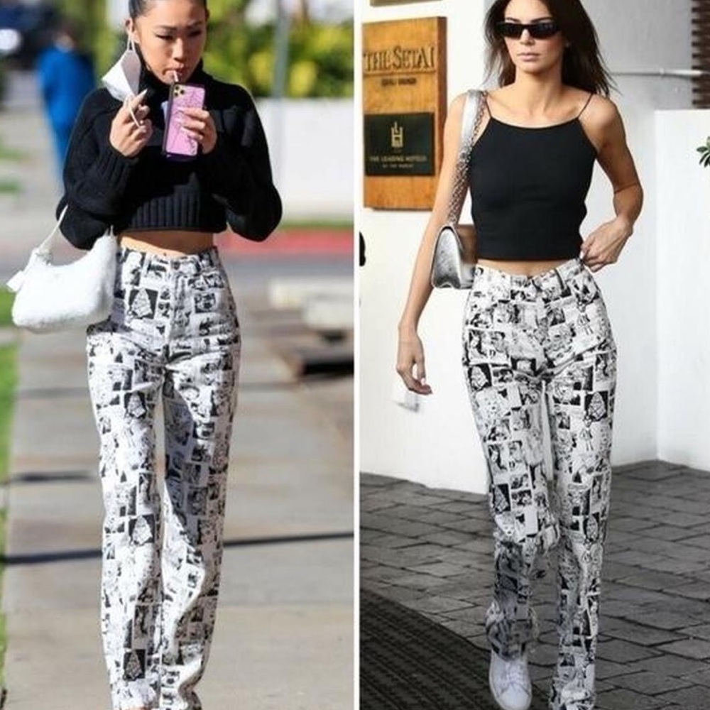 Reformation Comic Stylish Black and White Graphic Print Pants